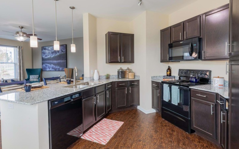 a kitchen with black appliances